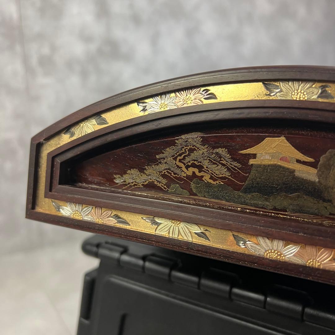 高級 綾杉彫 琴 筝 紅木 透かし玉縁包み柏葉 口前金装飾