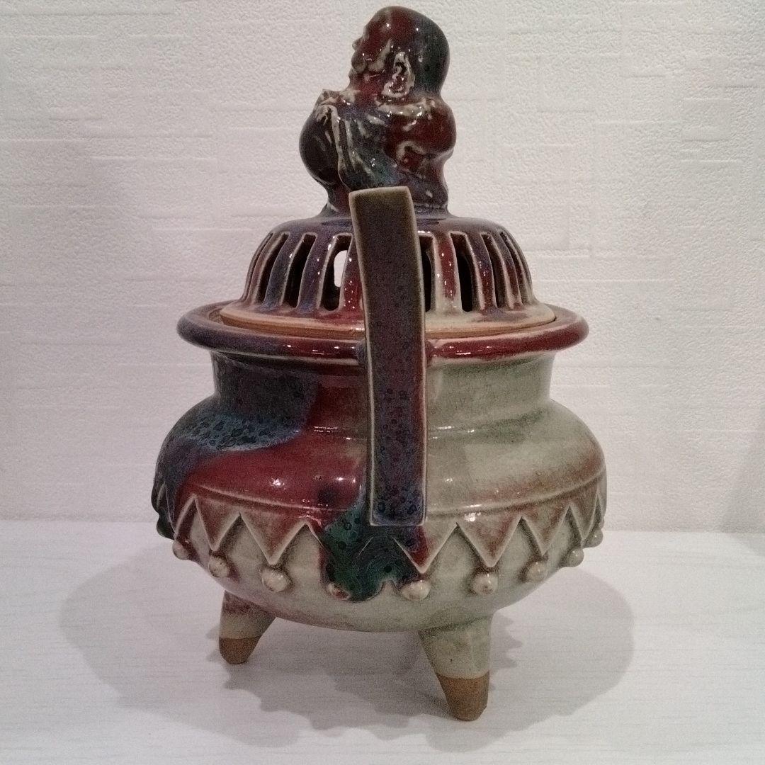 u159　香春焼 在銘 辰砂香炉 仏摘 大振　高さ21.5㎝