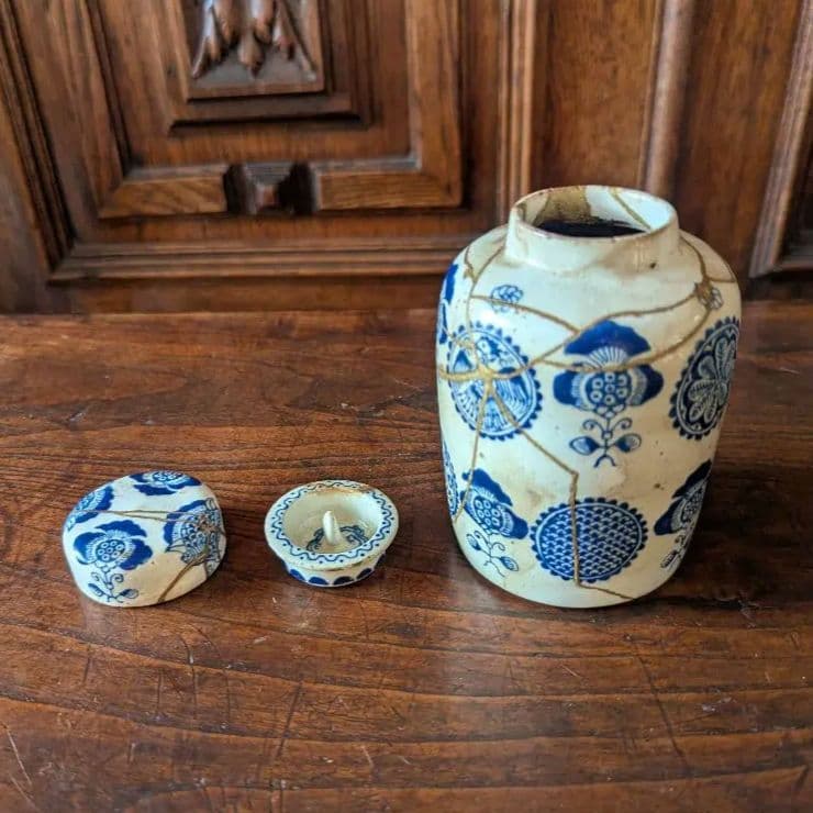 超希少 京阿蘭陀 茶筒 白釉藍彩 江戸時代後期