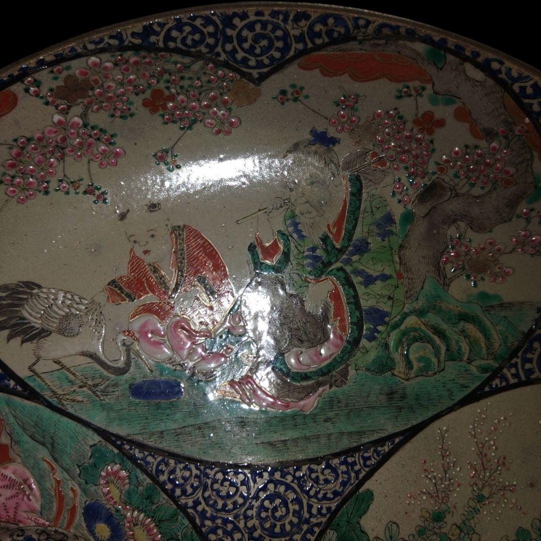 再興九谷焼　庄三手色絵皿　蛸唐草　骨董品　大皿