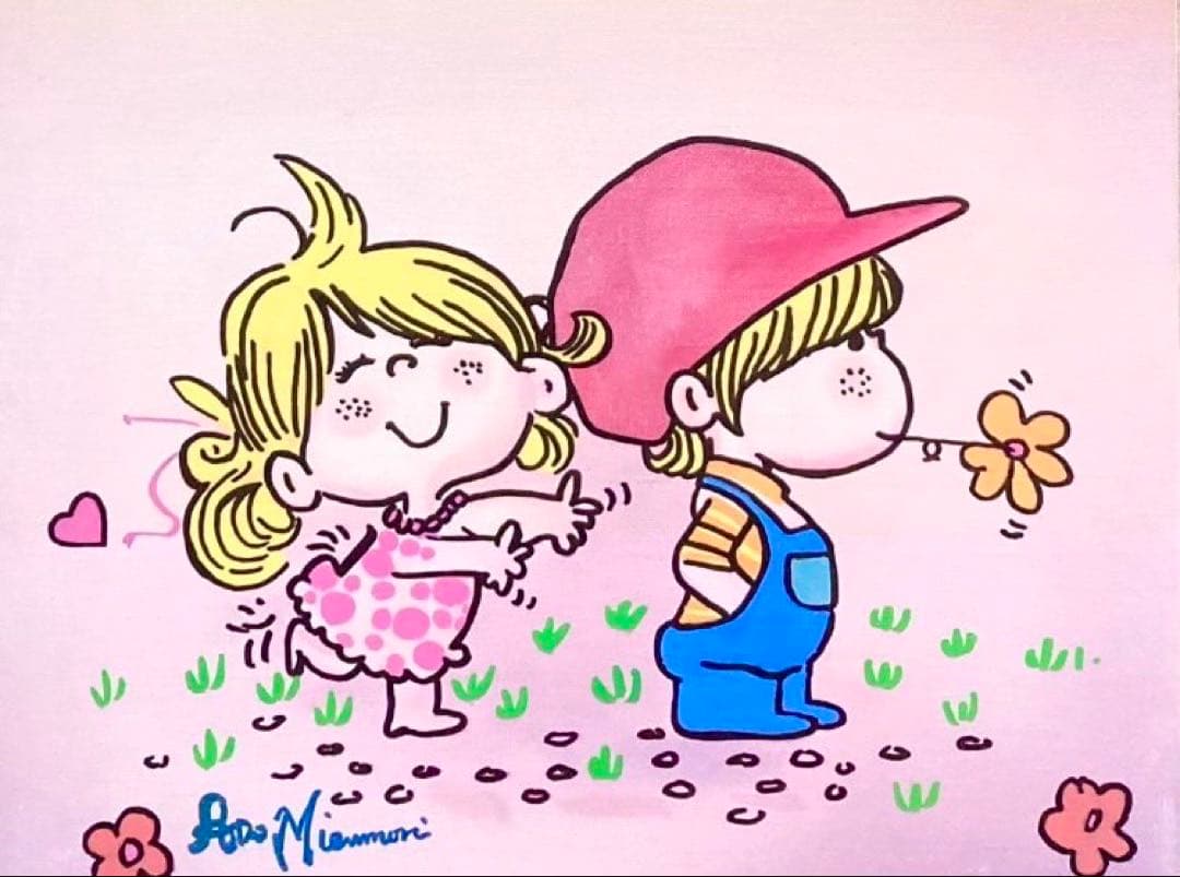 F6号）水森亜土「なかよし」表裏サイン有り/肉筆保証/手描