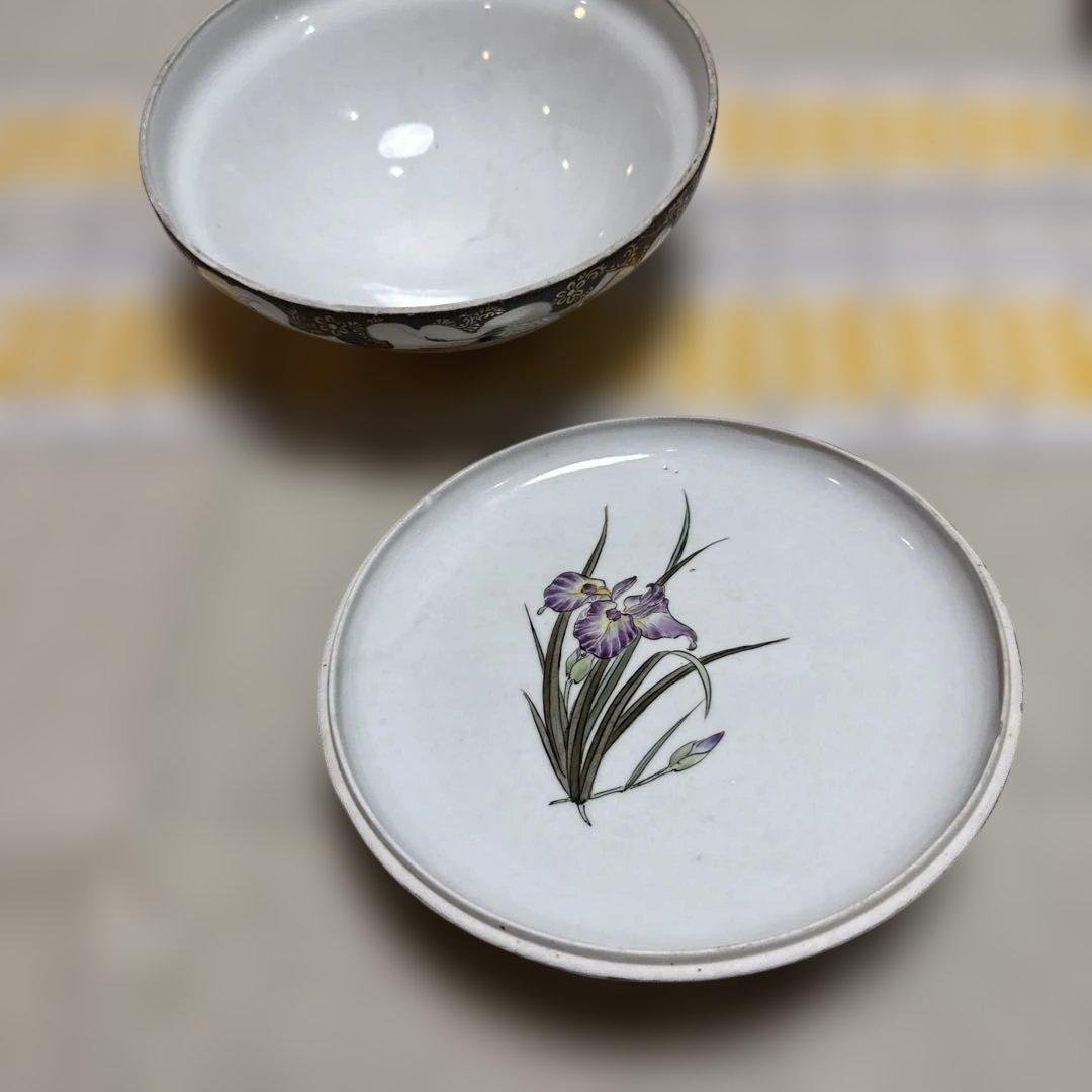 最終価格、アンティーク、自家保存 久谷 谷口骨董 蓋の裏に菖蒲の絵