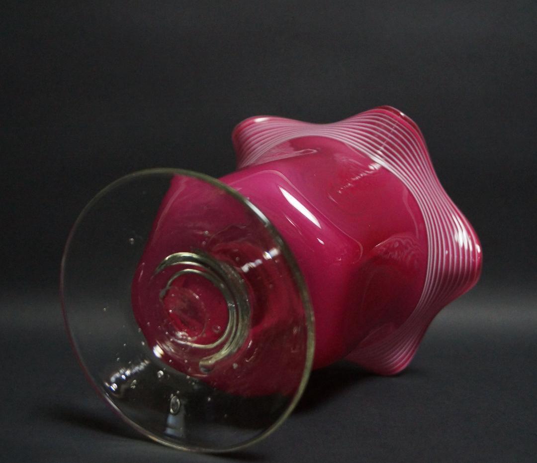 アンティーク大正ウランガラス宙吹き千筋文大型氷コップグラス花器 気泡入