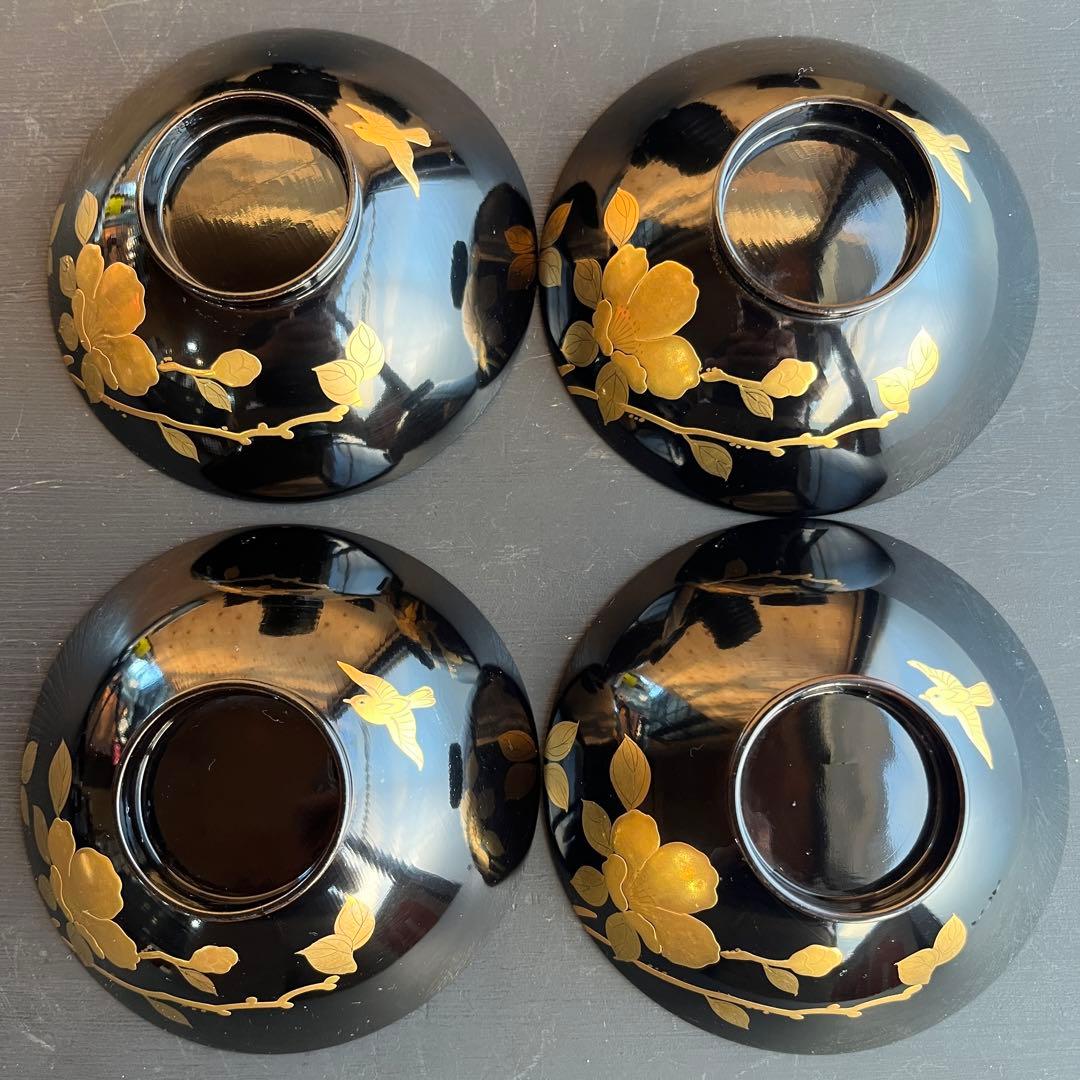 木製漆器 千鳥 金蒔絵 盛金 吸物椀 八客 黒塗 椿 時代