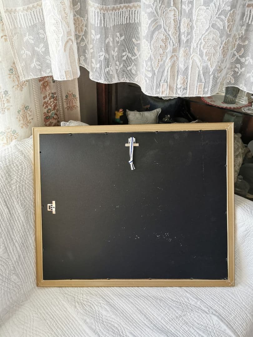 アンティーク ニードルポイント刺繍 ガラス額装 マルシェ 朝市の賑わい