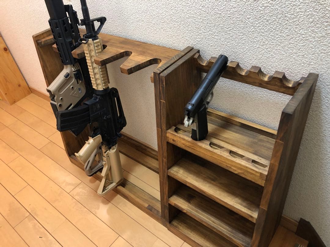 ガンラック　ハンドガン・ライフル銃用収納　木製ライフルスタンド2点セット