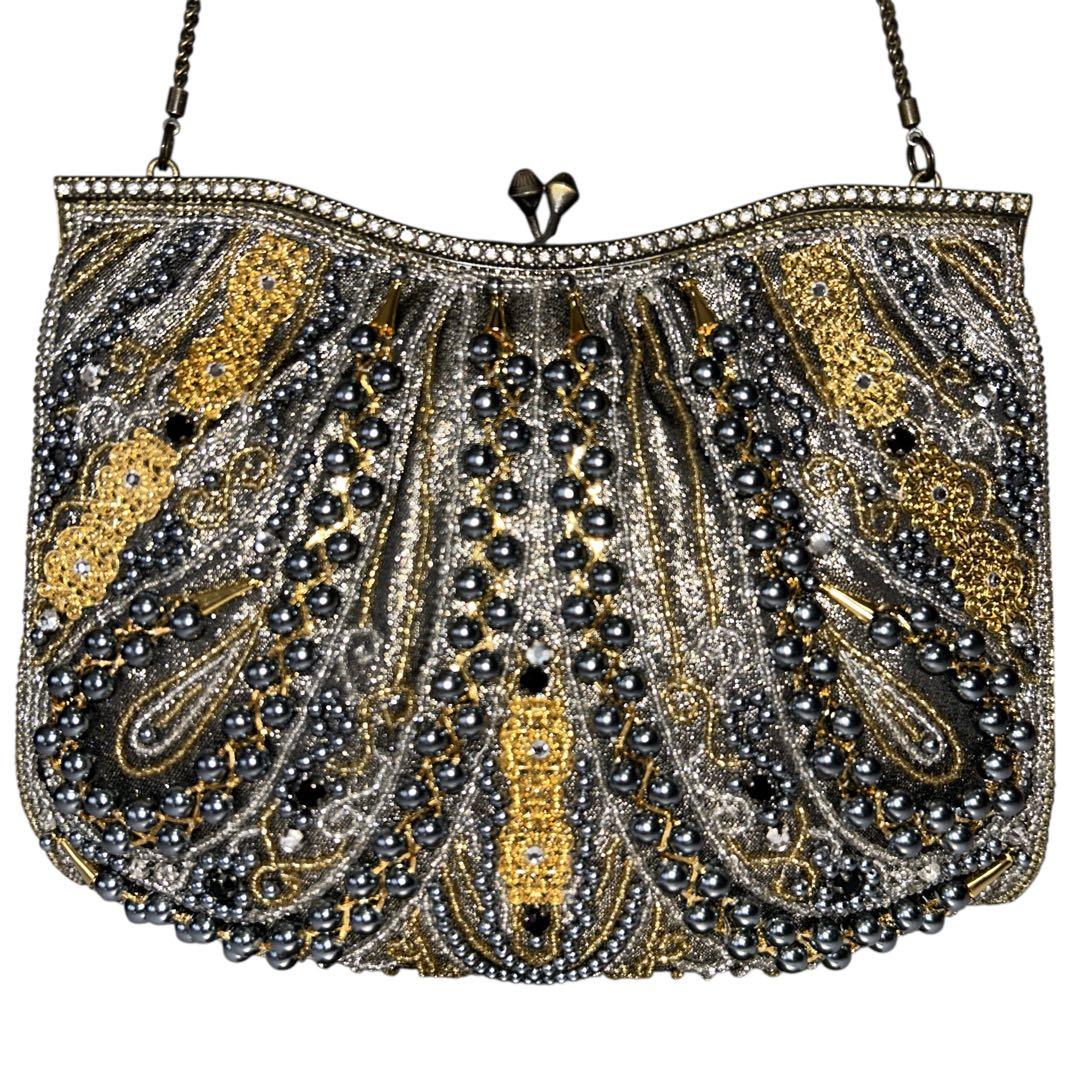 ビーズバッグ パーティバッグ がま口 チェーン ゴールド×ブラック 和装バッグ