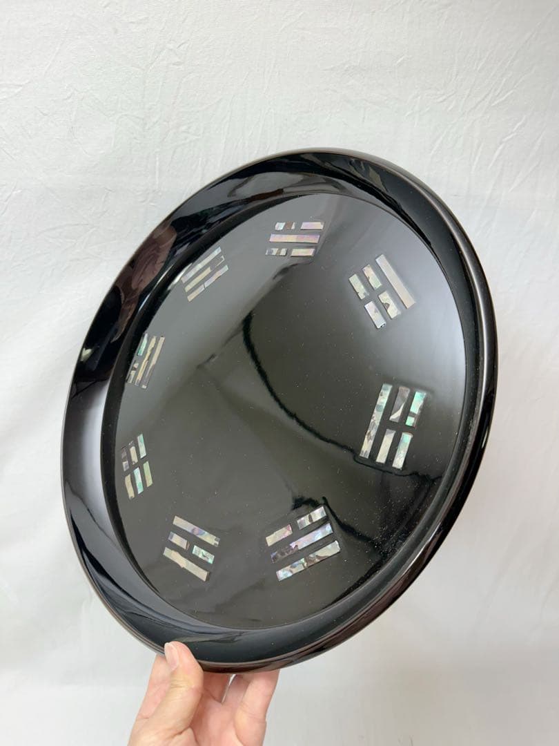 ほぼ未使用 茶道具 木製黒真塗 螺鈿細工 青貝 八卦盆