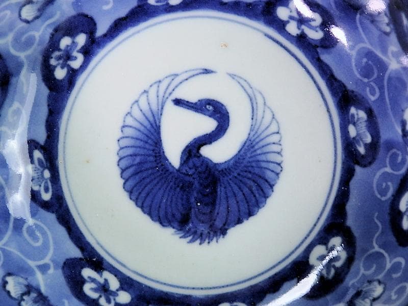 古伊万里　染付　墨弾き　梅花に舞鶴紋の図　膾皿　２客　E520AS-COd