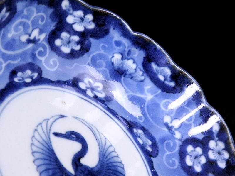 古伊万里　染付　墨弾き　梅花に舞鶴紋の図　膾皿　２客　E520AS-COd