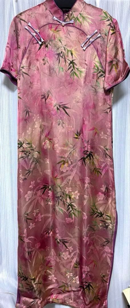 【桃色ワカメページ】ジャカード シルク チャイナドレス ロングワンピース