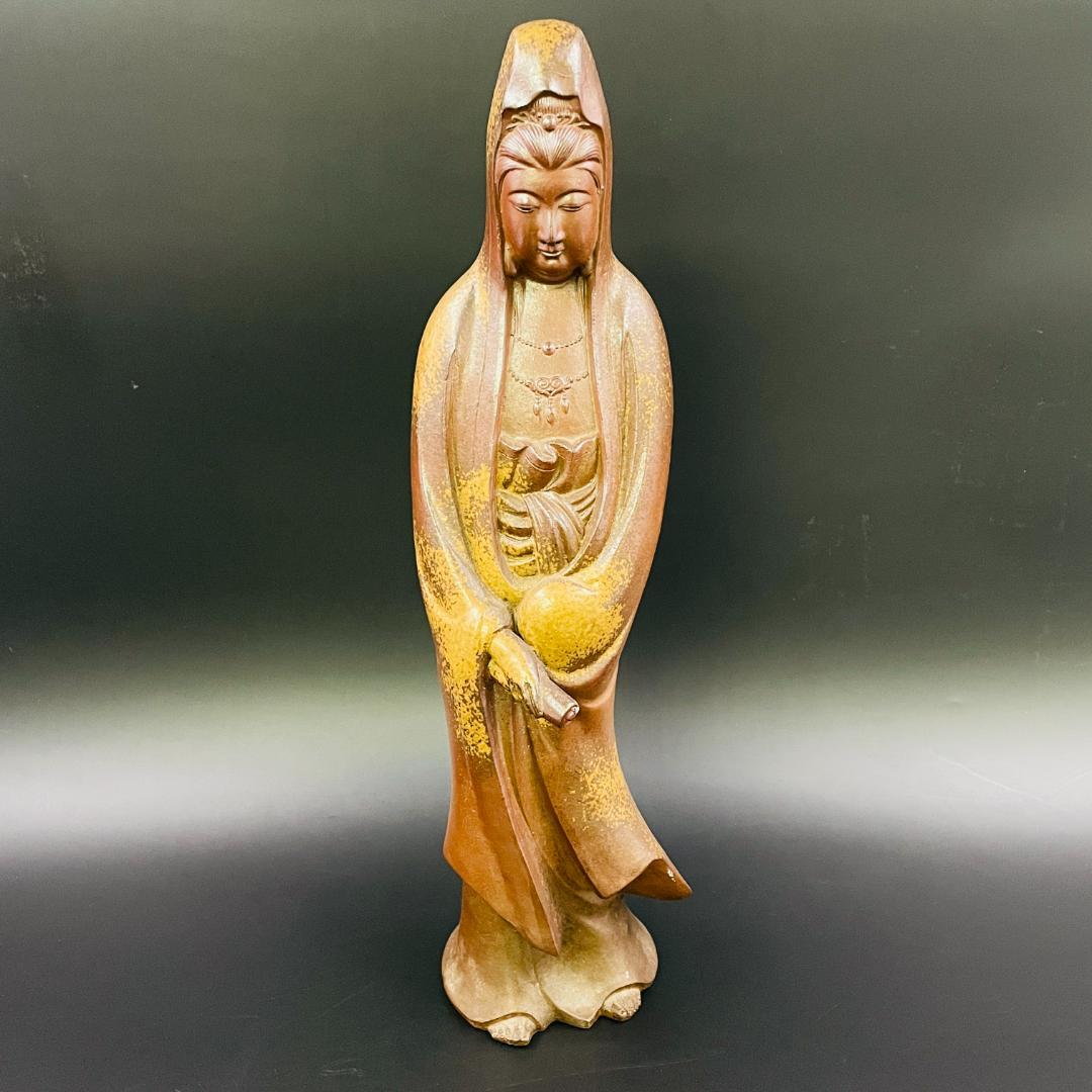 金重陶弘 作 観音像 備前焼 仏像 42.5cm 希少
