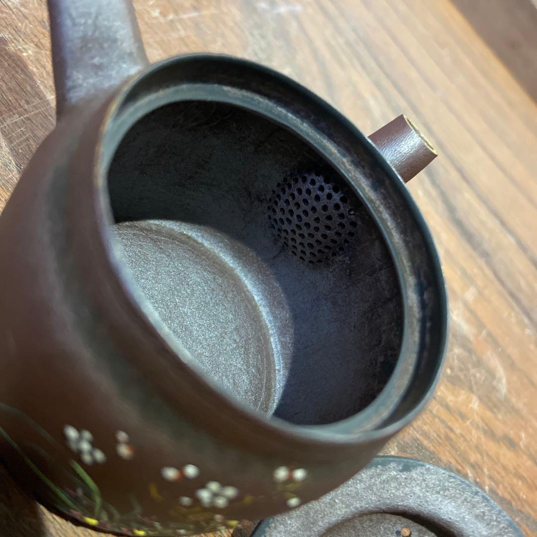 庄造作萬古焼朱泥金彩色絵草花文急須 煎茶道具 庄造作萬古焼朱泥金彩色