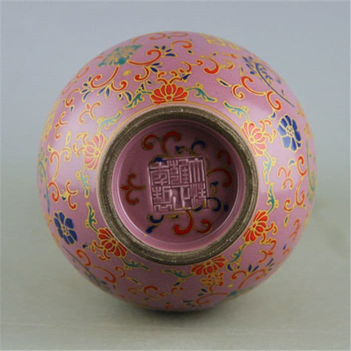 花柄の瓢簞は臙脂紅釉の琺瑯色 工芸品 美術品 置物