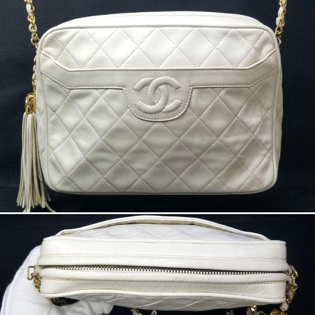 シャネル チェーン ショルダーバッグ フリンジ キルティング オフホワイト系