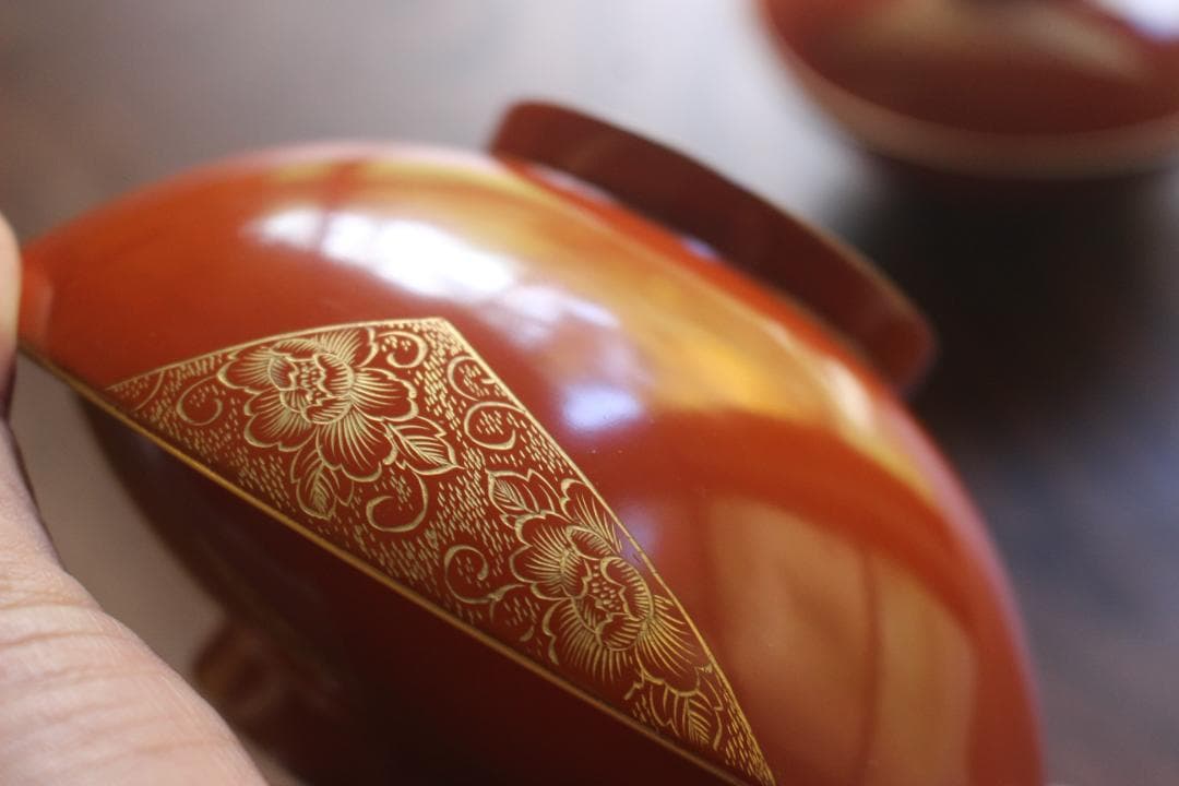 時代逸品！上質朱漆に極上花文沈金の大椀2点（検漆器輪島塗沈金椀雑煮椀