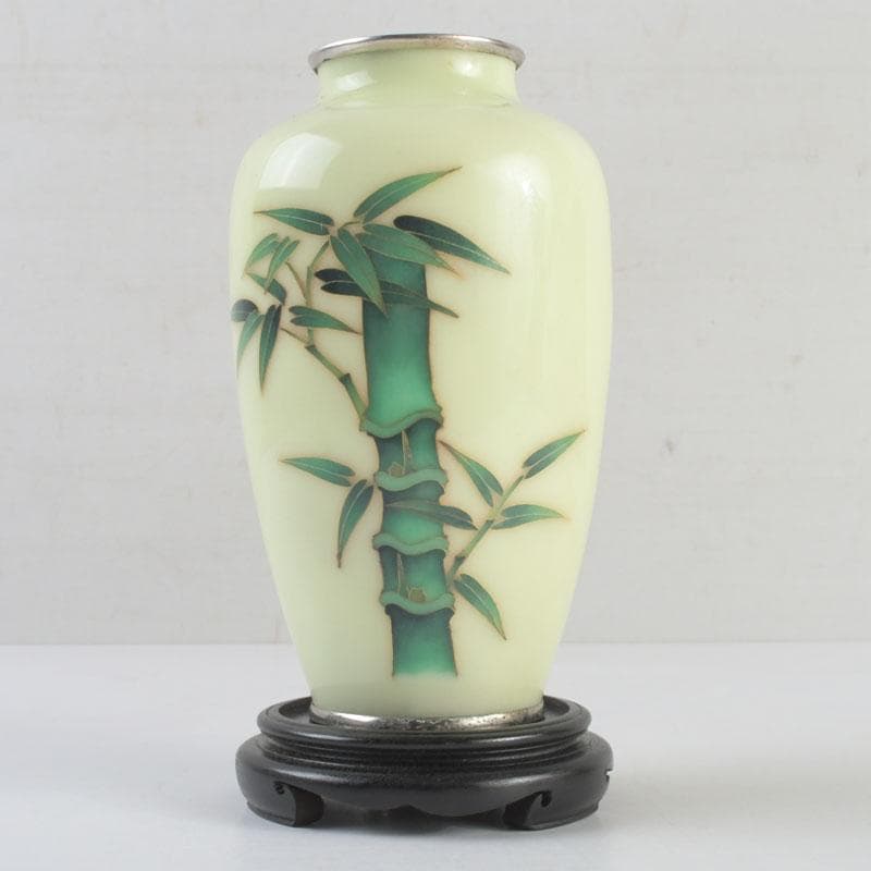 七宝焼 竹文 花瓶 唐木台・時代箱付 V 9462