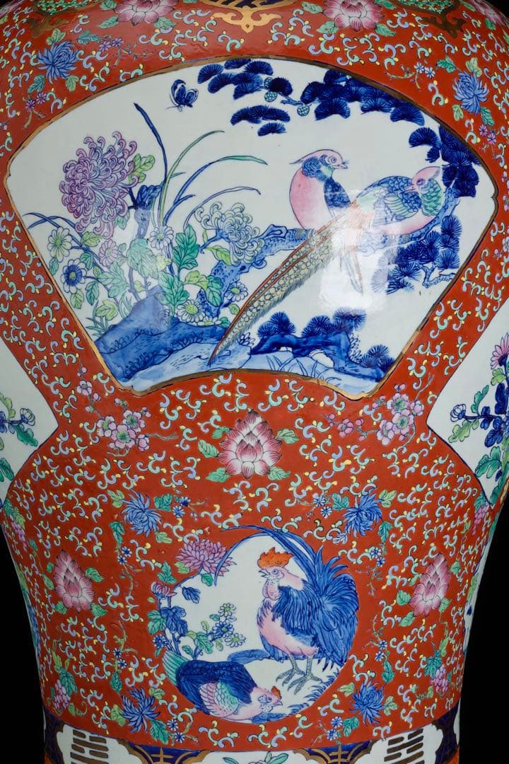 有田焼 染錦窓絵花鳥尽之図 獅子摘蓋付 沈香壺 特大99㎝ 飾壺 古美術