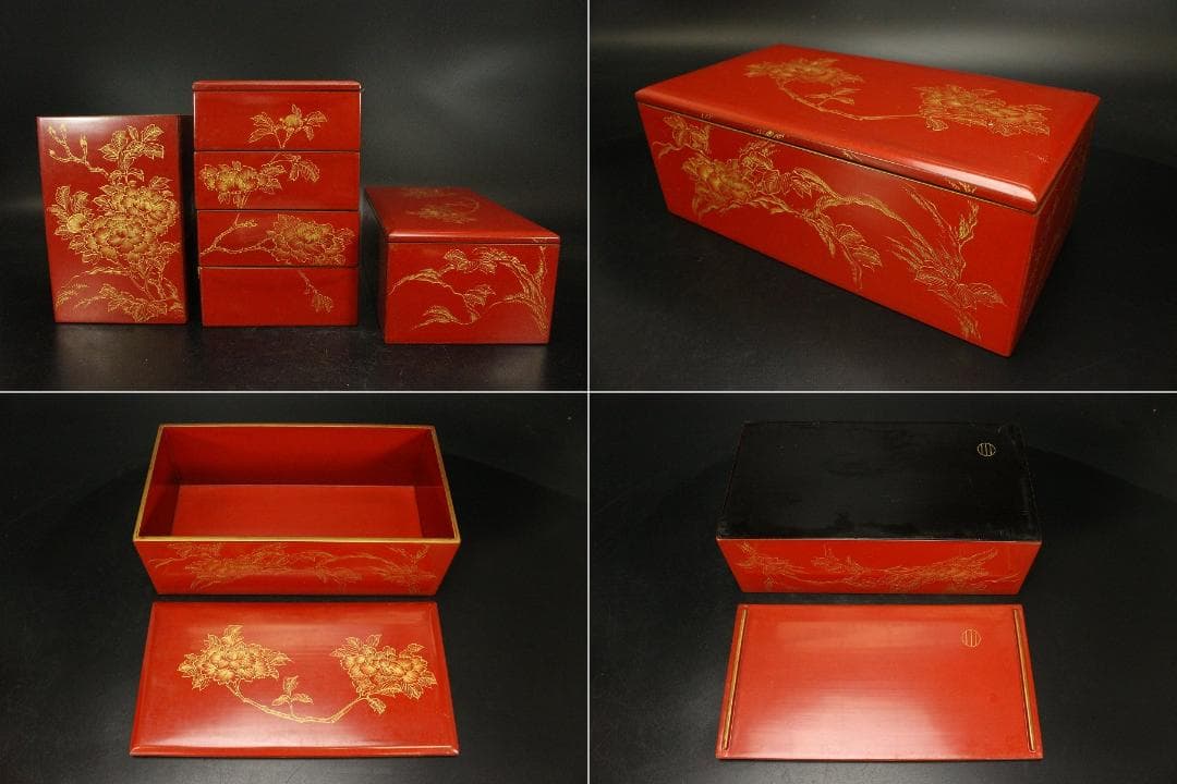 朱塗 沈金 野弁当 揃い 煎茶画箱(ZE653)