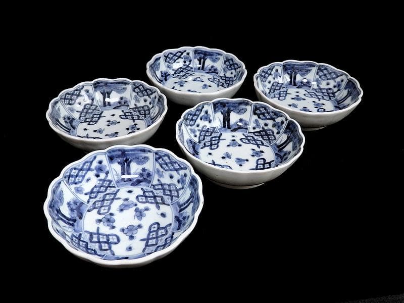 古伊万里　染付　七宝紋に梅の図　膾皿　５客　381AS-CAv