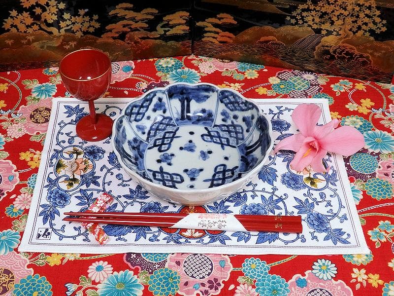 古伊万里　染付　七宝紋に梅の図　膾皿　５客　381AS-CAv