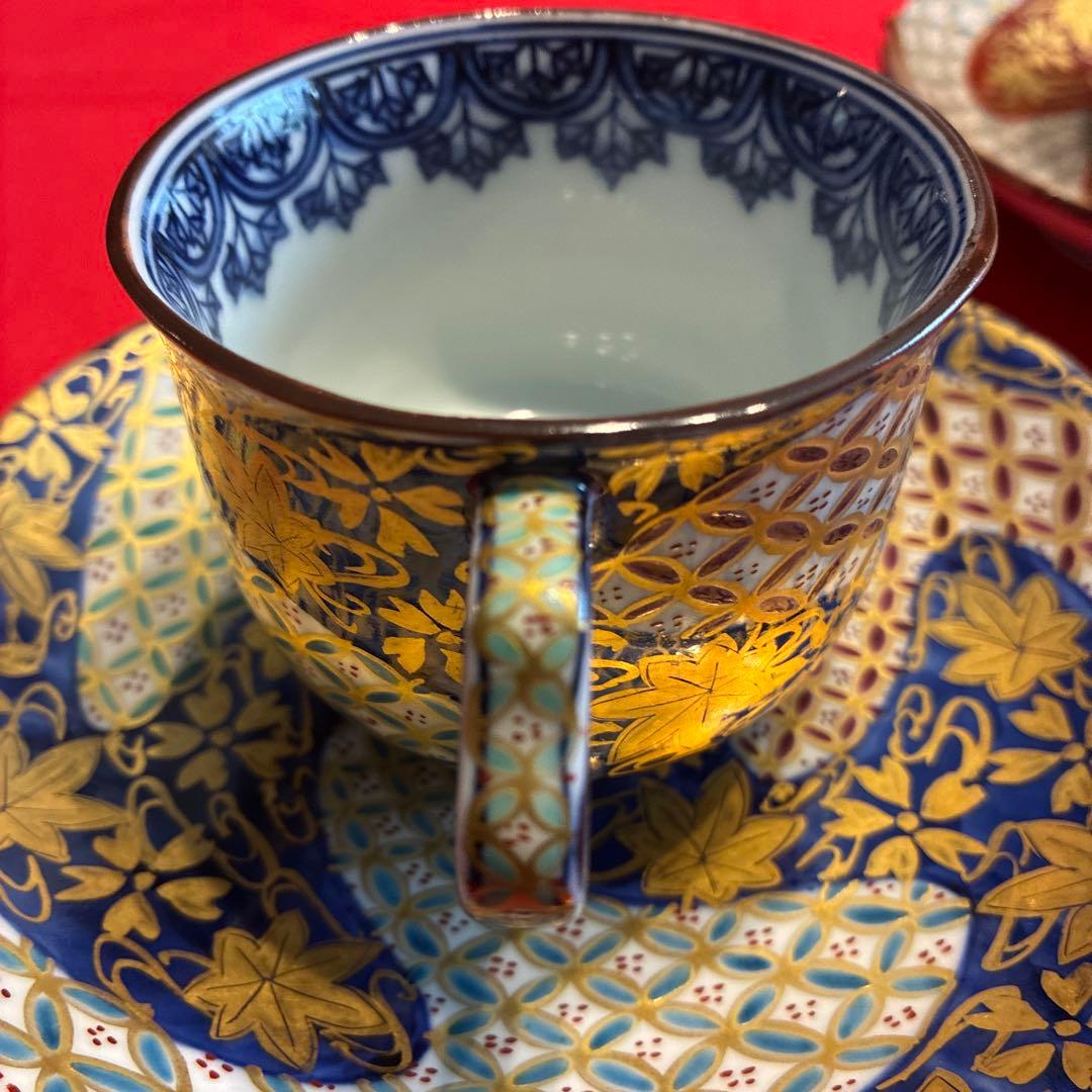 [希少品￼]清水焼 伊藤春晃 春晃窯　金彩桜紅葉三色金七宝紋カップ&ソーサー2客