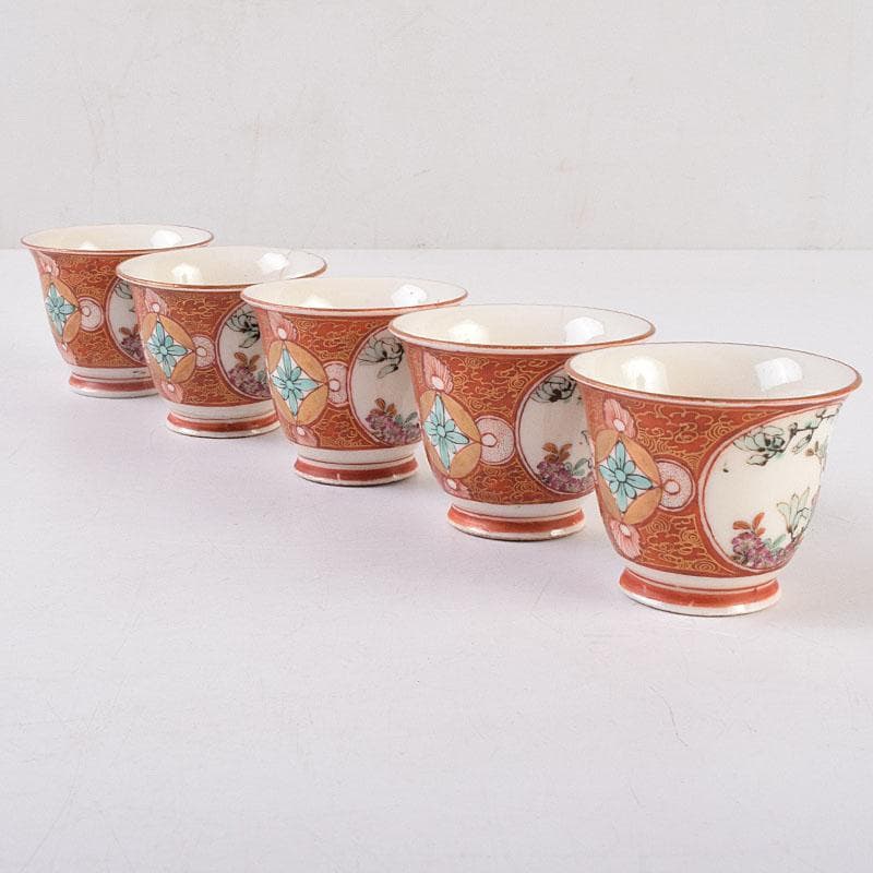 九谷焼　九谷庄三造　赤絵　煎茶碗　五客　湯冷まし　合わせ箱　V　R9020