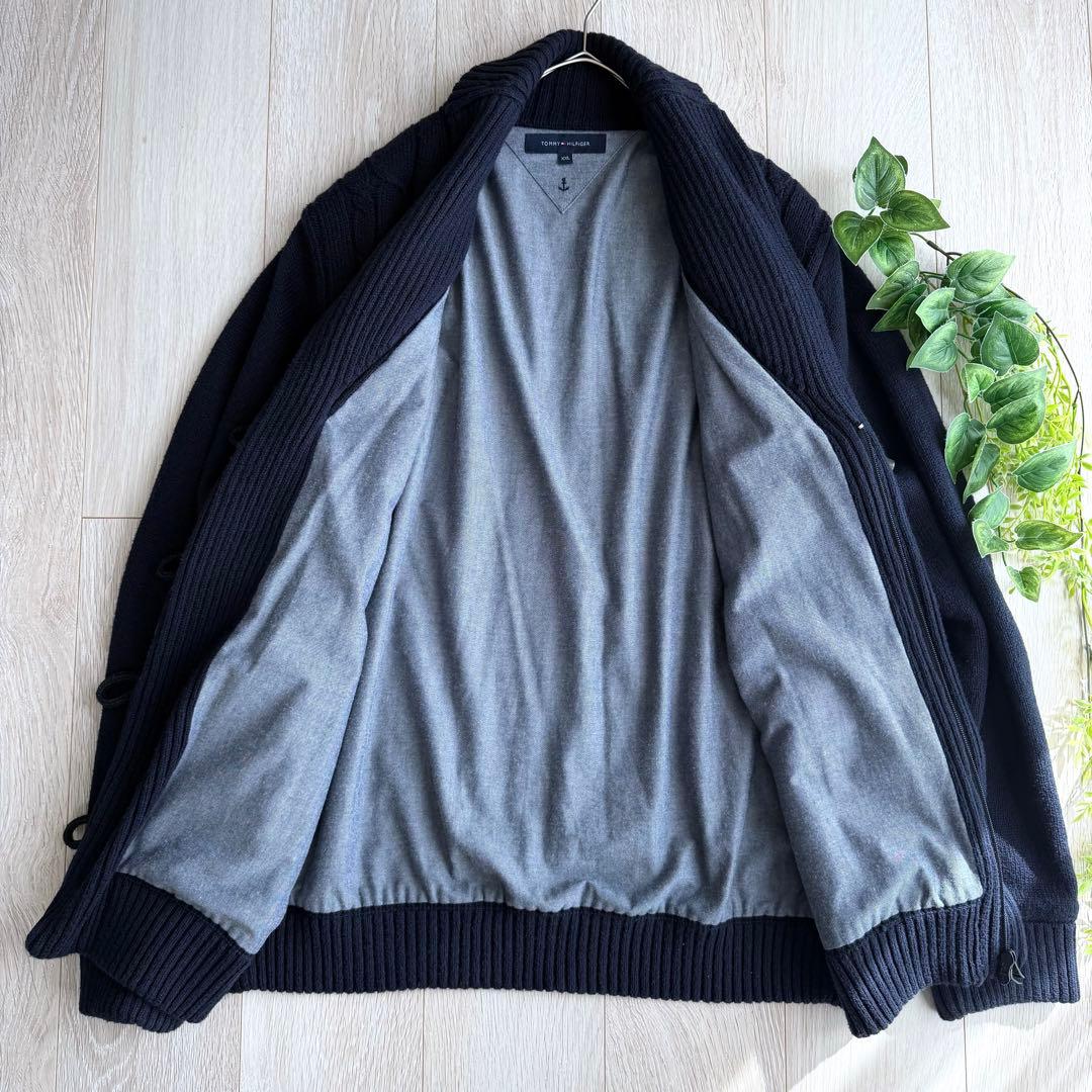 美品 トミーヒルフィガー ダッフルニットジャケット ネイビー XXL ロゴ