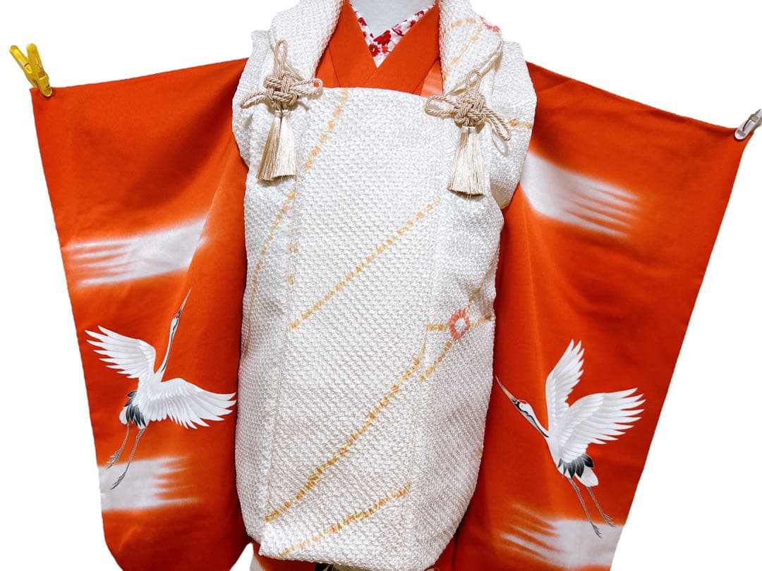 レトロ着物♡七五三　3歳　フルセット　一式　鶴　正絹　総絞り被布　朱色