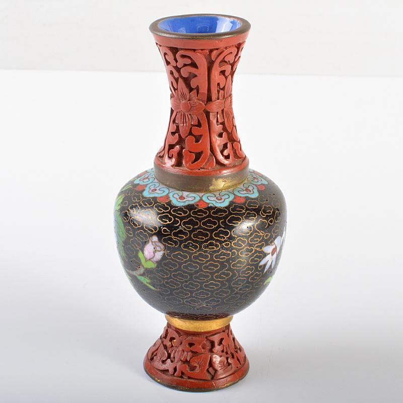 中国　古七宝　剔紅　堆朱　花文瓶　U　R6247