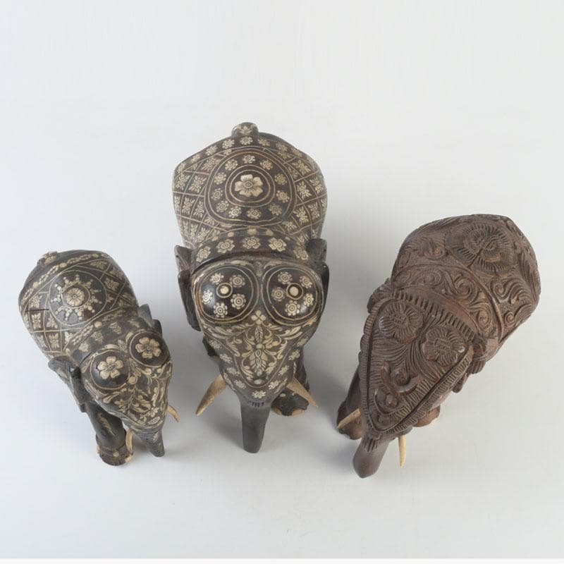 中国 唐木紫壇製 獣骨装飾など インド象 3点まとめて 台