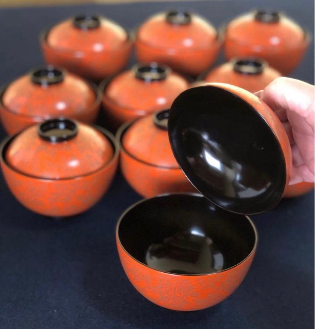 《レ》輪島塗 忍彫 吸物椀10客 柴吉漆器店 共布共箱 251113え1