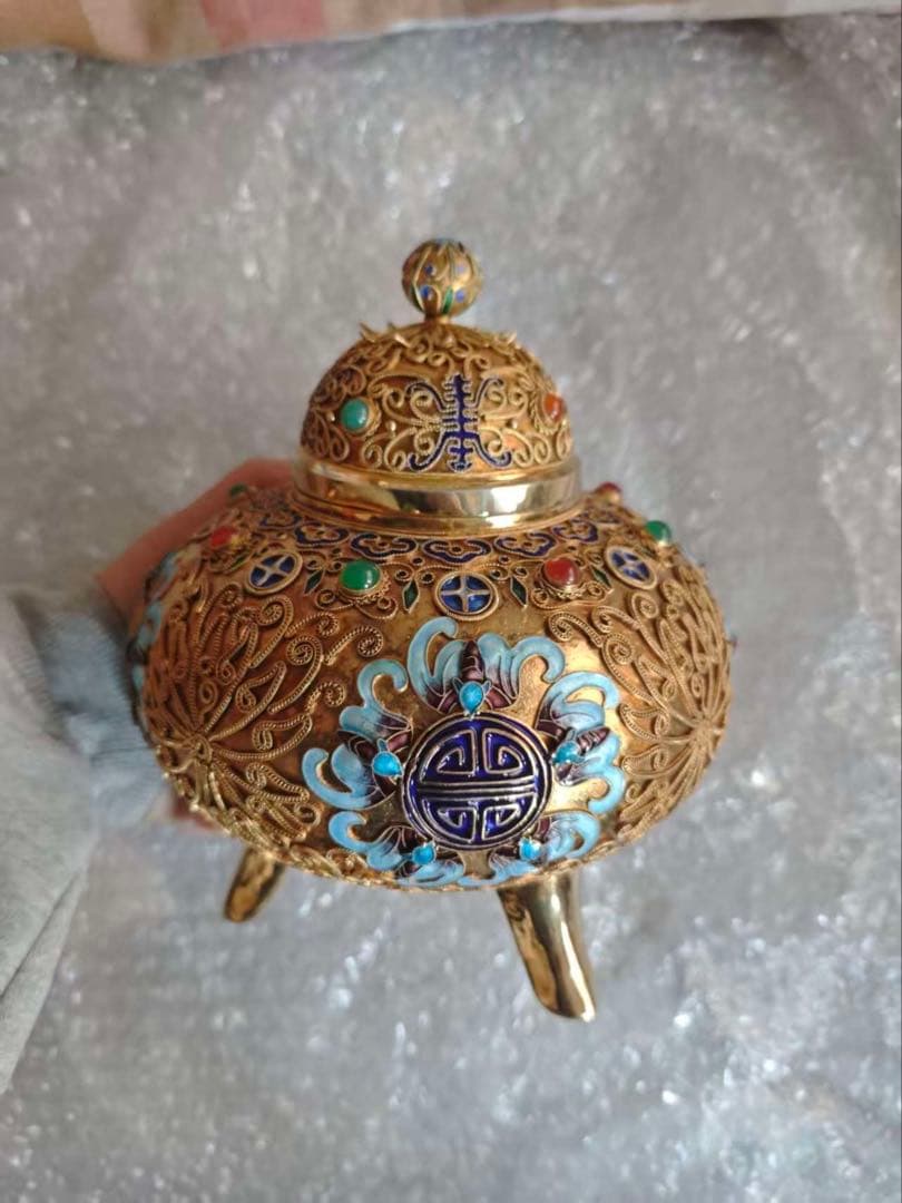 中国美術 銀製 Silver刻印有 七宝 香炉 福壽紋 唐物　622.4g