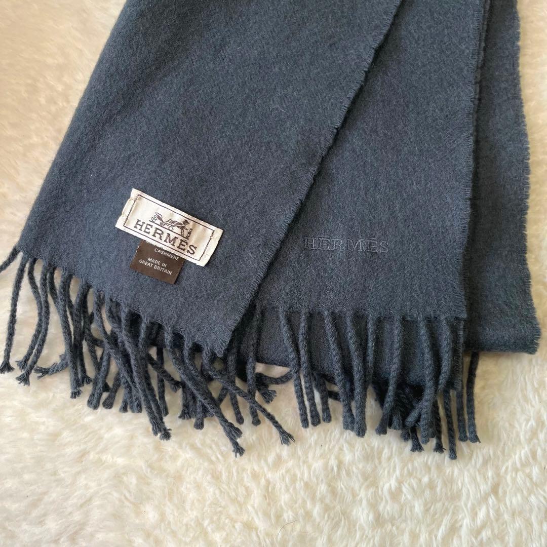 美品 HERMES エルメス グレージュ カシミヤ マフラー タグ 刺繍ロゴ