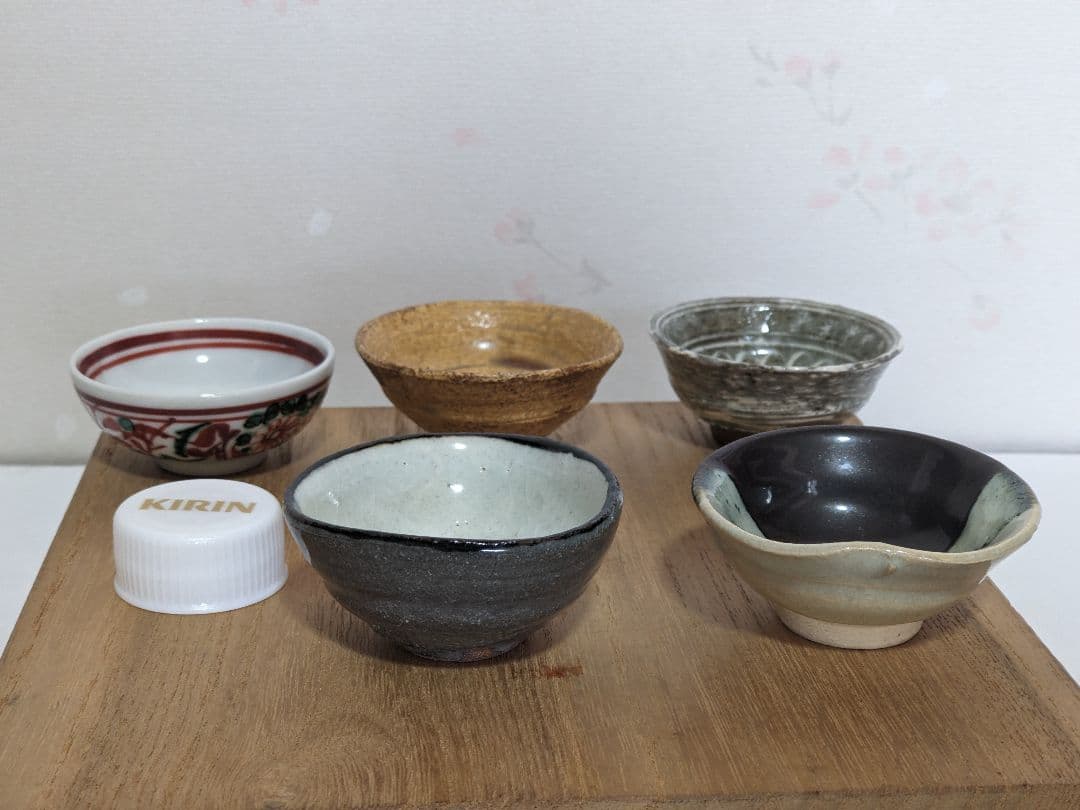 ♦京焼 清水六兵衛窯 色変わり酒器 小盃五種 黄瀬戸 唐津 赤絵九谷 共箱骨董品