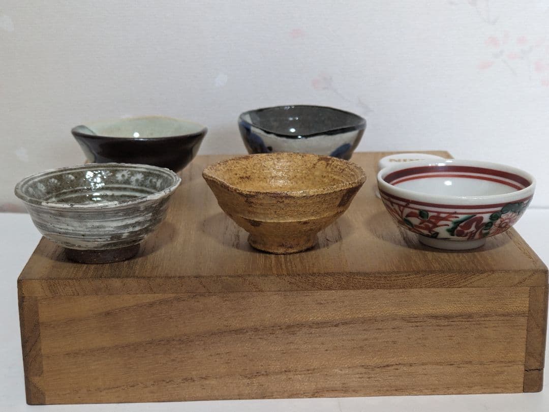 ♦京焼 清水六兵衛窯 色変わり酒器 小盃五種 黄瀬戸 唐津 赤絵九谷 共箱骨董品