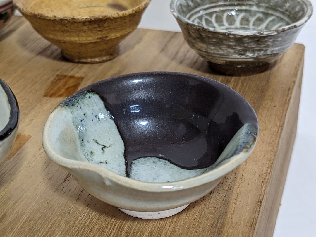 ♢京焼 清水六兵衛窯 色変わり酒器 小盃五種 黄瀬戸 唐津 赤絵九谷 共