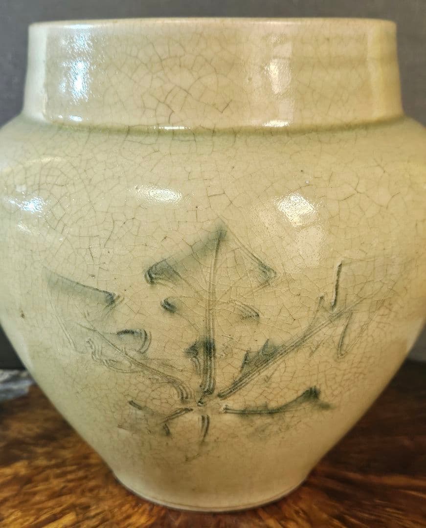 明治時代 御深井焼 蕪の葉の図 壺 花入れ 花生け オブジェ 高