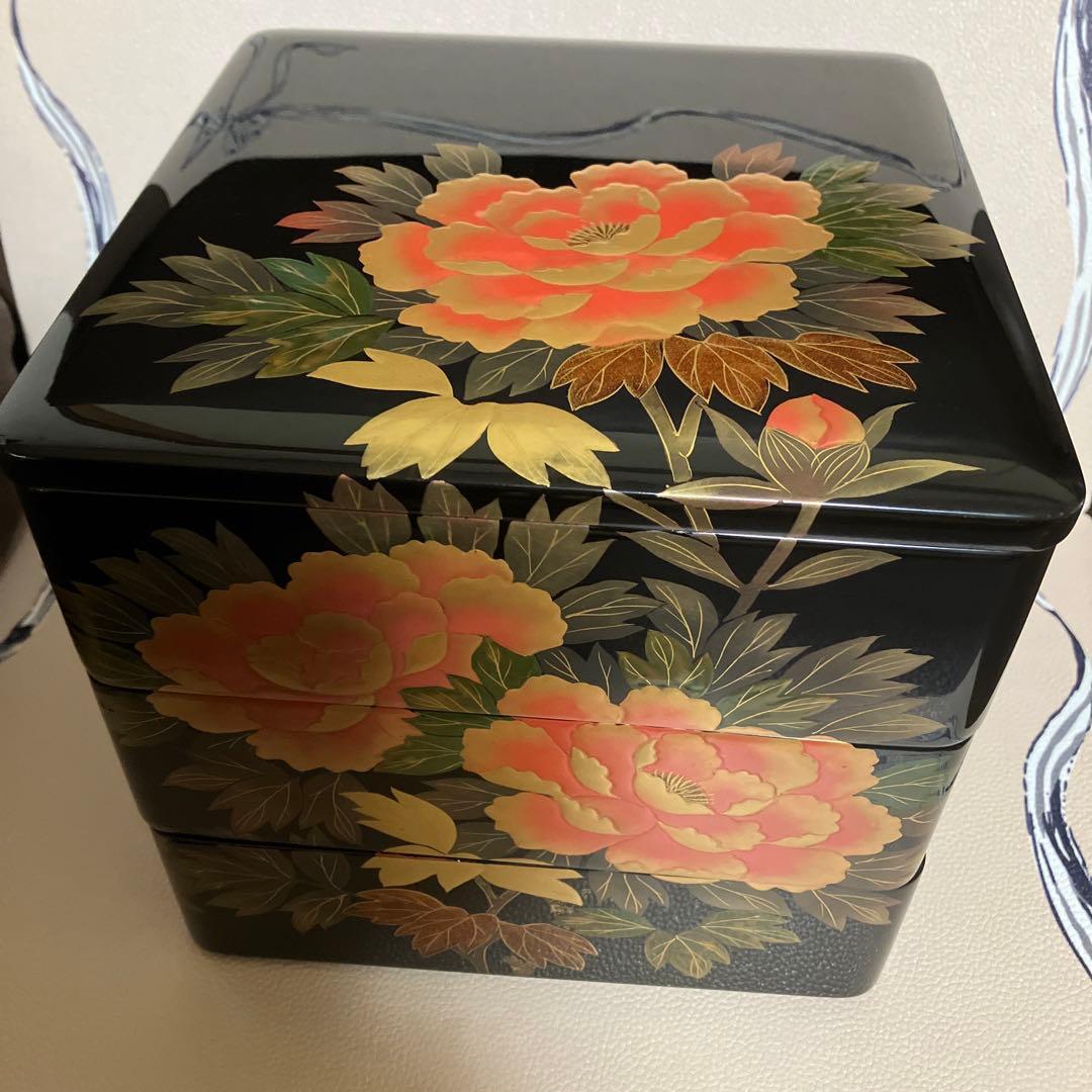 重箱 3段 会津漆器 会津塗 6.5寸 三段本重 雅花丸 黒 内朱