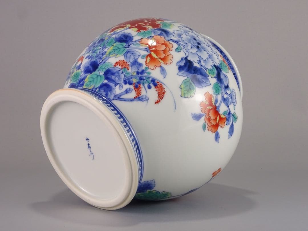 名工 十二代 今泉今右衛門 秀逸作 色鍋島 芙蓉文 花瓶 地