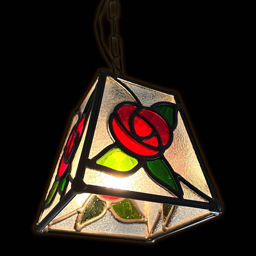 鸛《美品》アンティーク雑貨 昭和レトロ ステンドグラス 薔薇 ペンダントライト