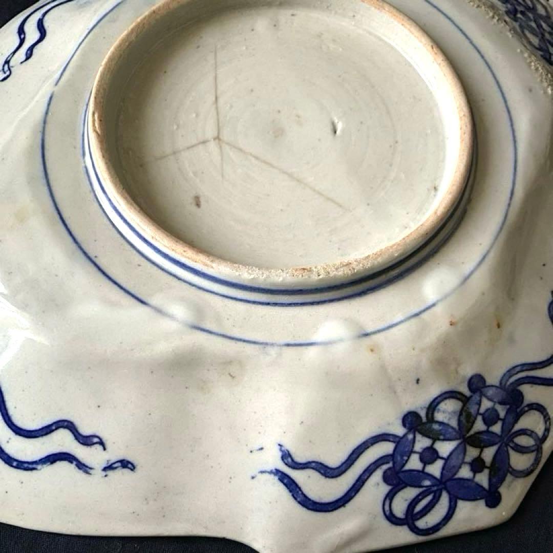 骨董　明治印判皿　鶴亀吉祥図菱皿　変形皿
