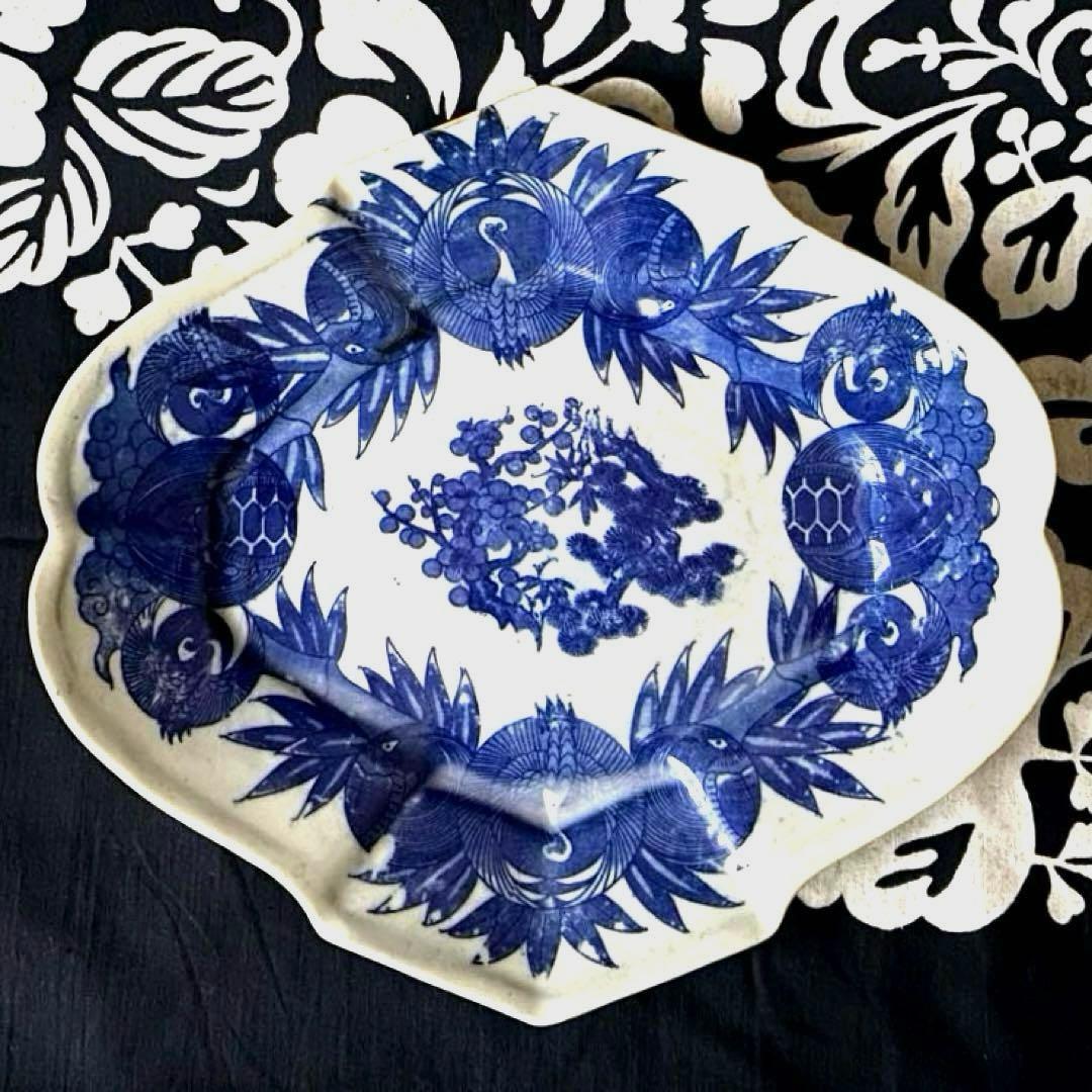 骨董　明治印判皿　鶴亀吉祥図菱皿　変形皿