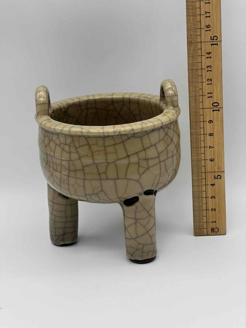 旧蔵 宋代 哥窑 青白釉 双耳三足炉 貫入美香炉・文房具