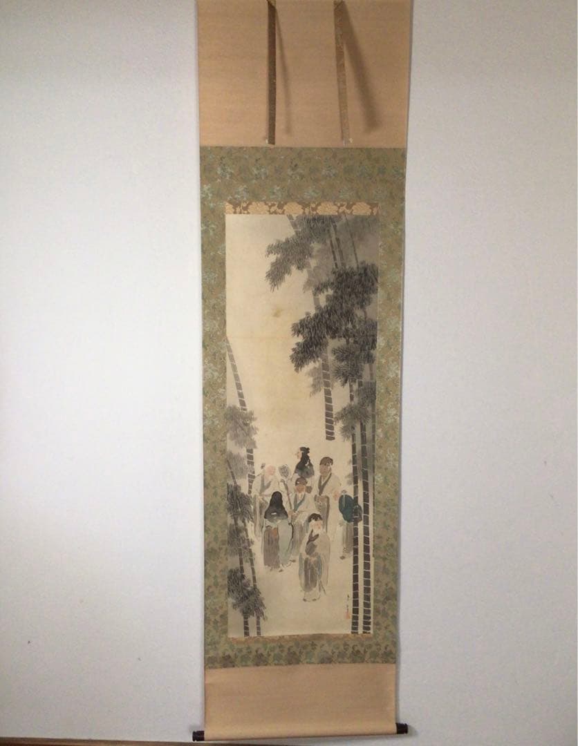 No3456掛軸 田代古崖 竹林七賢人図 着色絹本 合箱 日本画 古画 送料