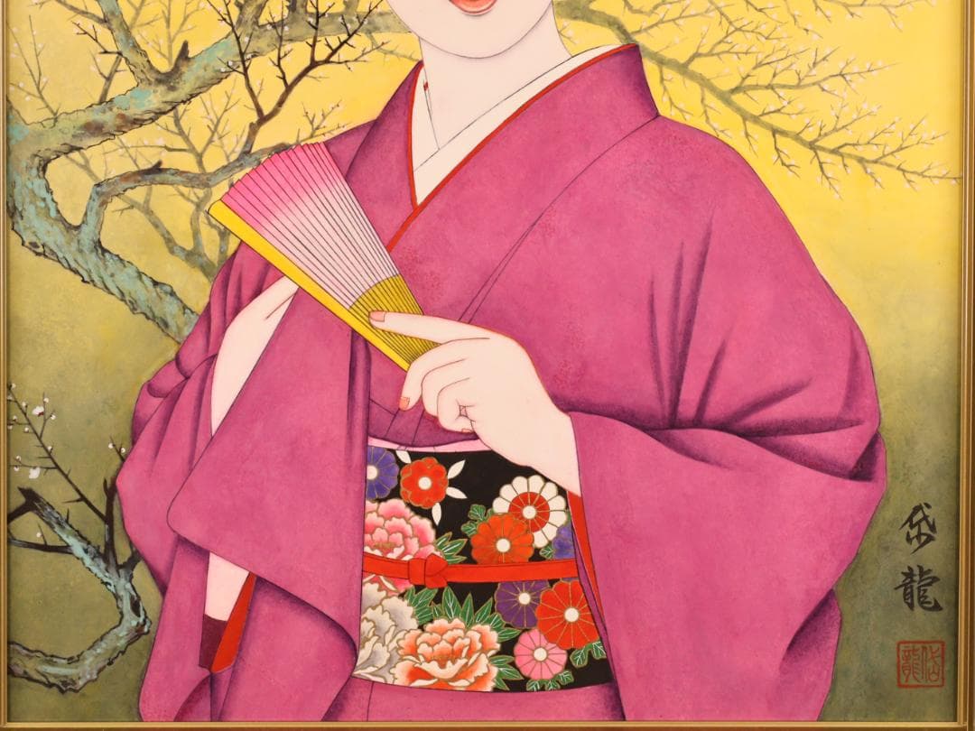 【真作】 BK286　渡部岱龍 「 早春 」 日本画　美人画　黄袋　タトウ