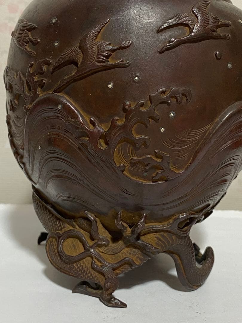 ♢蝋型細密鋳金 象嵌 波乗り兎 波千鳥文 波乗り龍足 香炉 唐