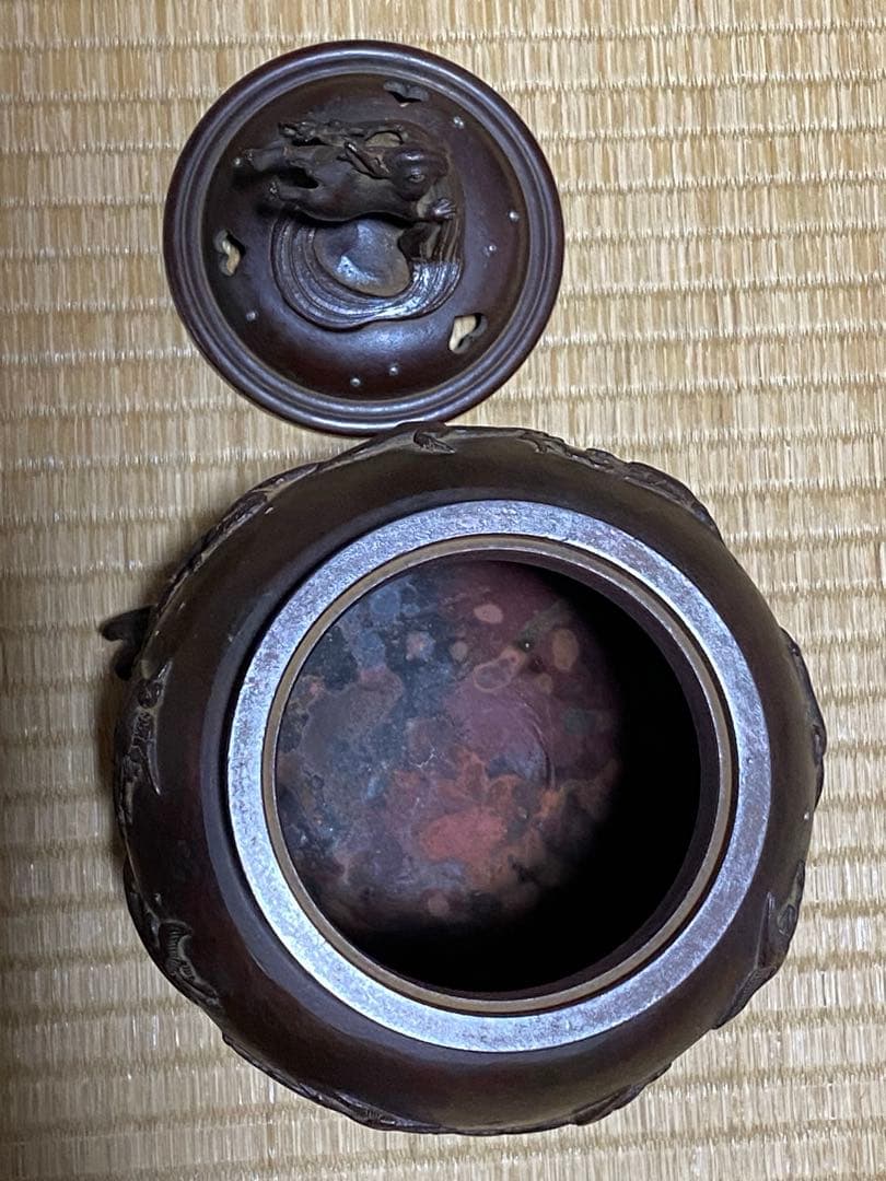 ♢蝋型細密鋳金 象嵌 波乗り兎 波千鳥文 波乗り龍足 香炉 唐