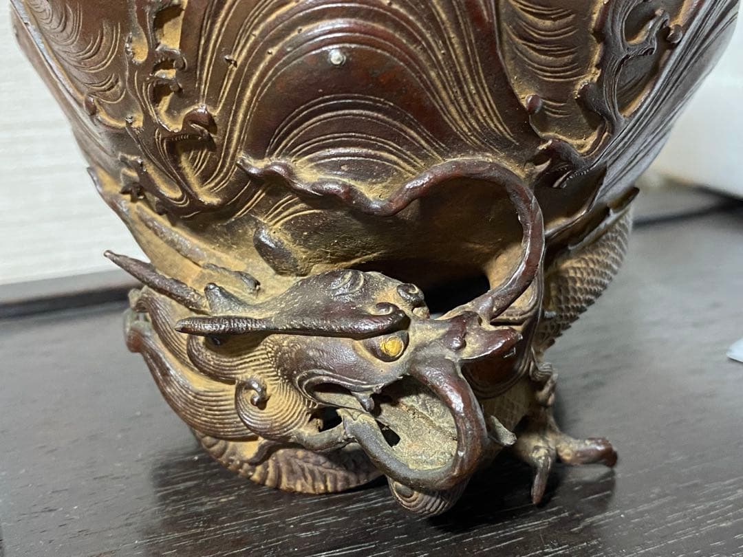 ♢蝋型細密鋳金 象嵌 波乗り兎 波千鳥文 波乗り龍足 香炉 唐