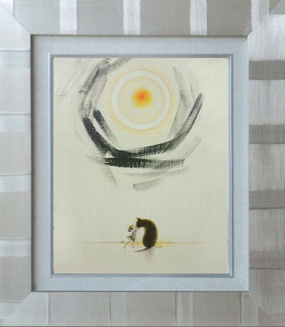 油絵 菅家令子絵 絵画インテリア額付(青緑＋金色の枠)F3-092018犬猫女子